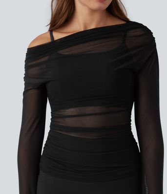 Top sport yoga 2-en-1 asymétrique une épaule manches longues mesh à fronces et trous pour les pouces