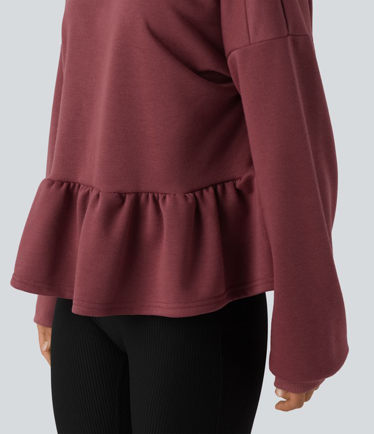 Sweat-shirt décontracté à dos en V, manches longues et ourlet à volants