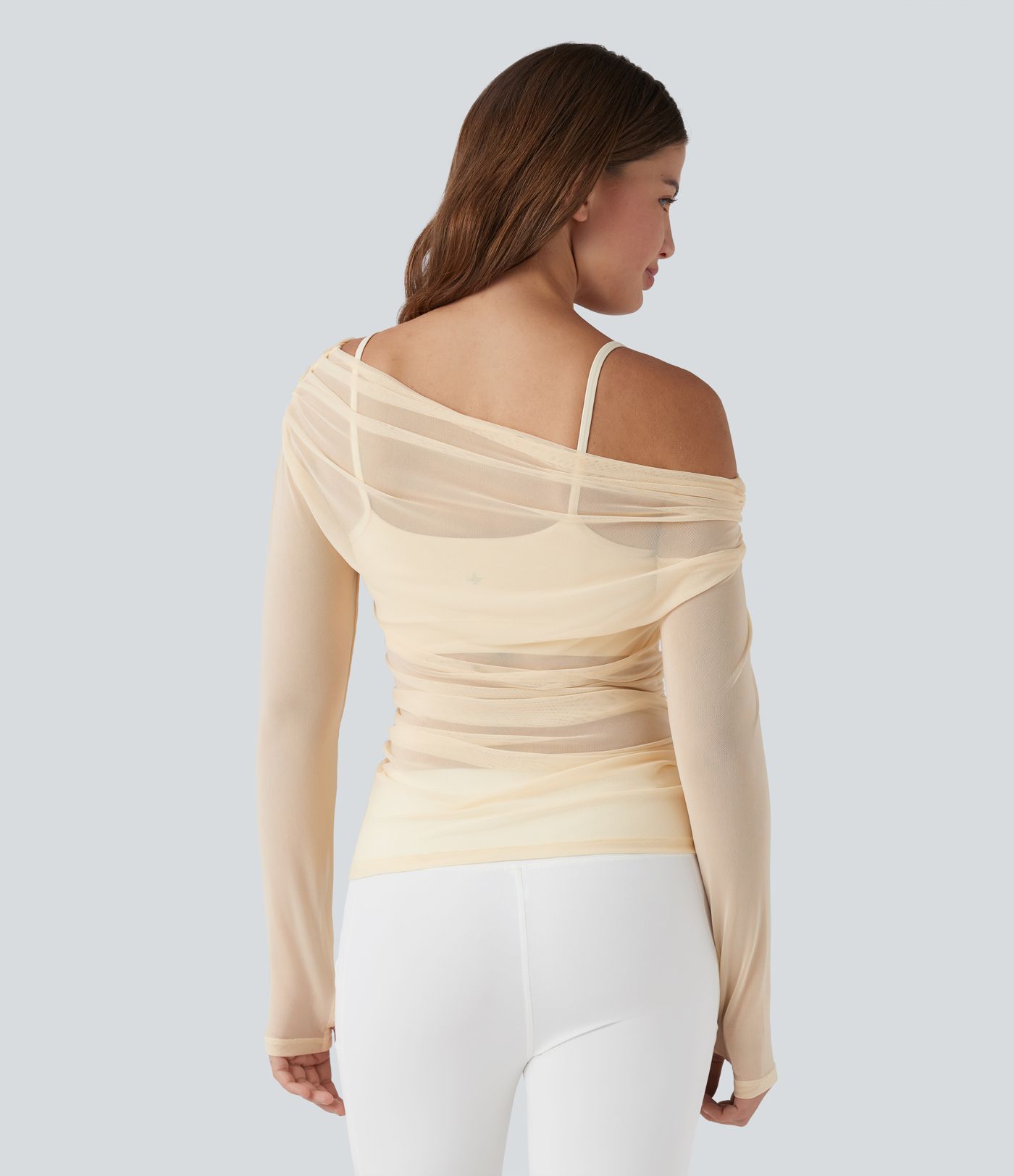 One-shoulder Long Sleeve Thumb Holes Ruched Mesh 2-in-1 Yoga Sports Top