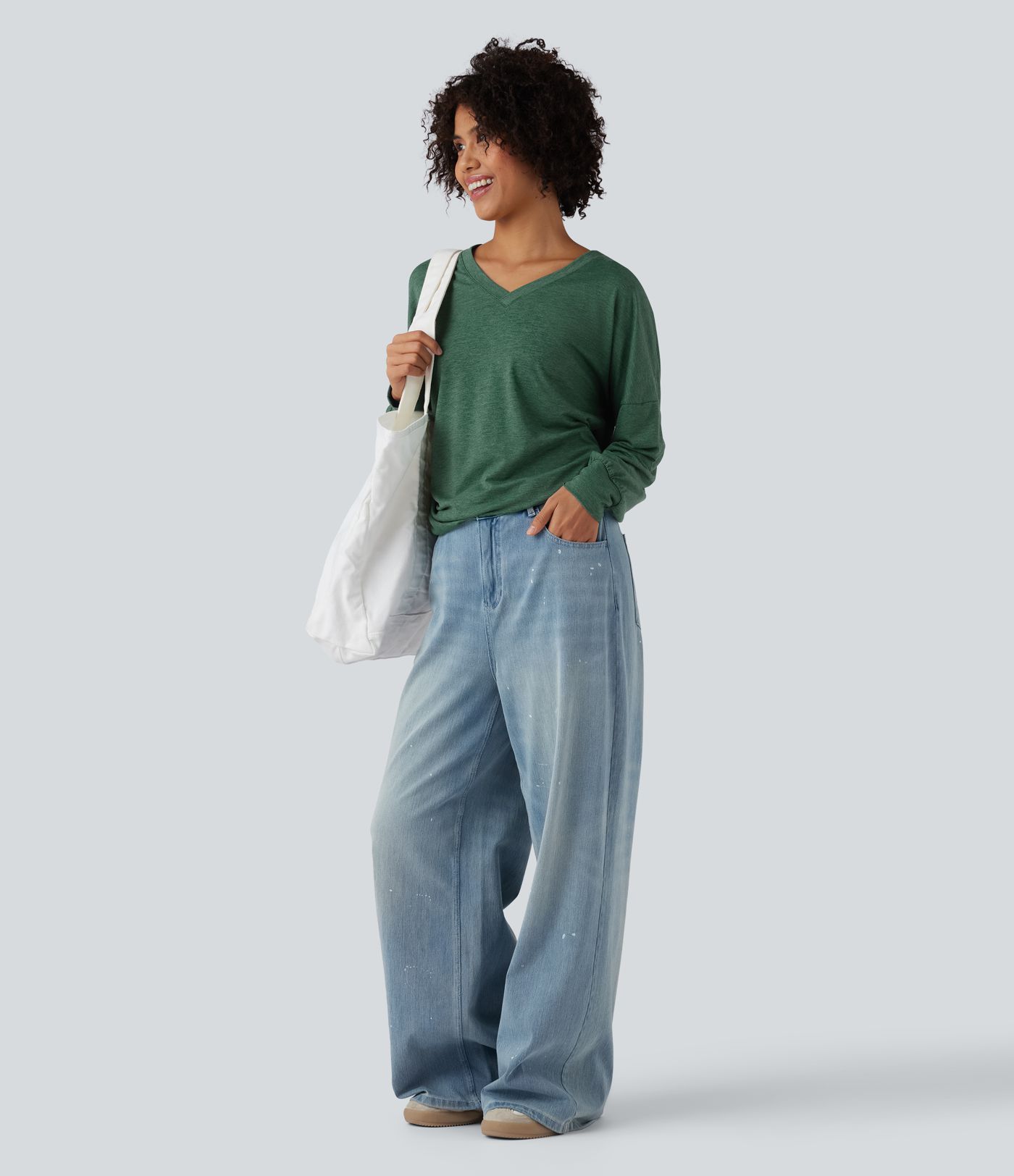 V Neck Long Sleeve Ruched Relaxed Casual T-Shirt