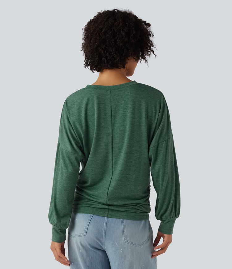V Neck Long Sleeve Ruched Relaxed Casual T-Shirt