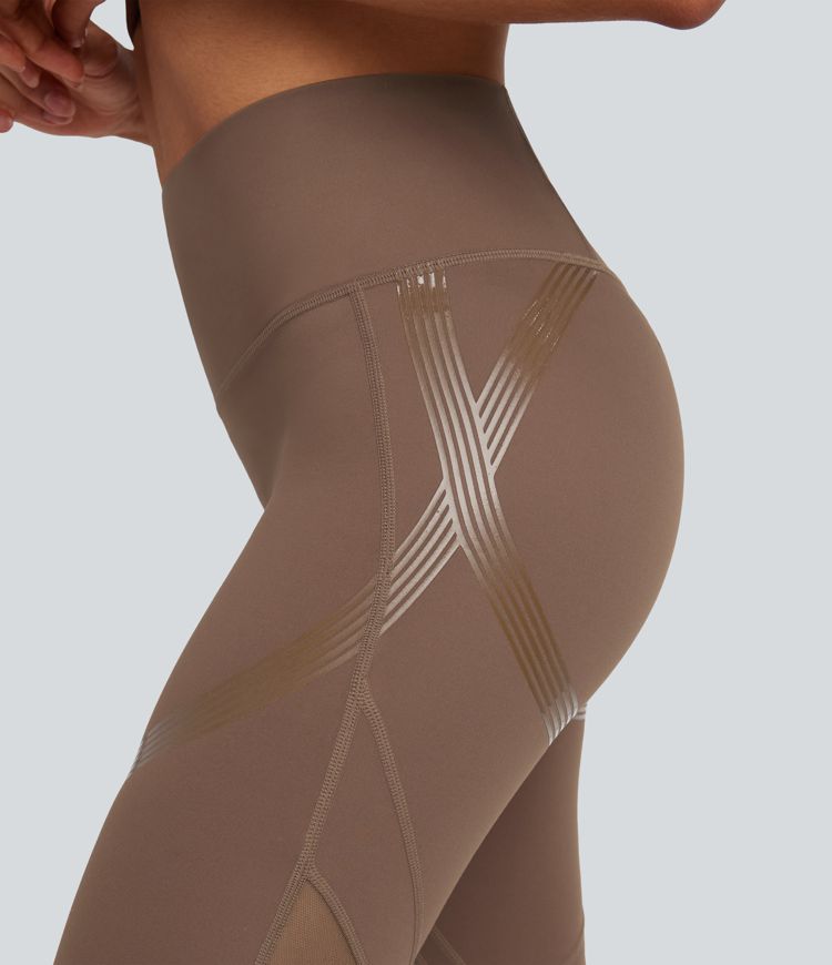 SoftlyZero™ High Waisted Contrast Mesh Glossy Silicone Print Yoga 7/8 Leggings with Pocket-UPF50+