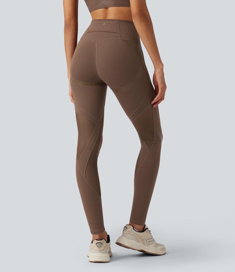 SoftlyZero™ High Waisted Contrast Mesh Glossy Silicone Print Yoga 7/8 Leggings with Pocket-UPF50+