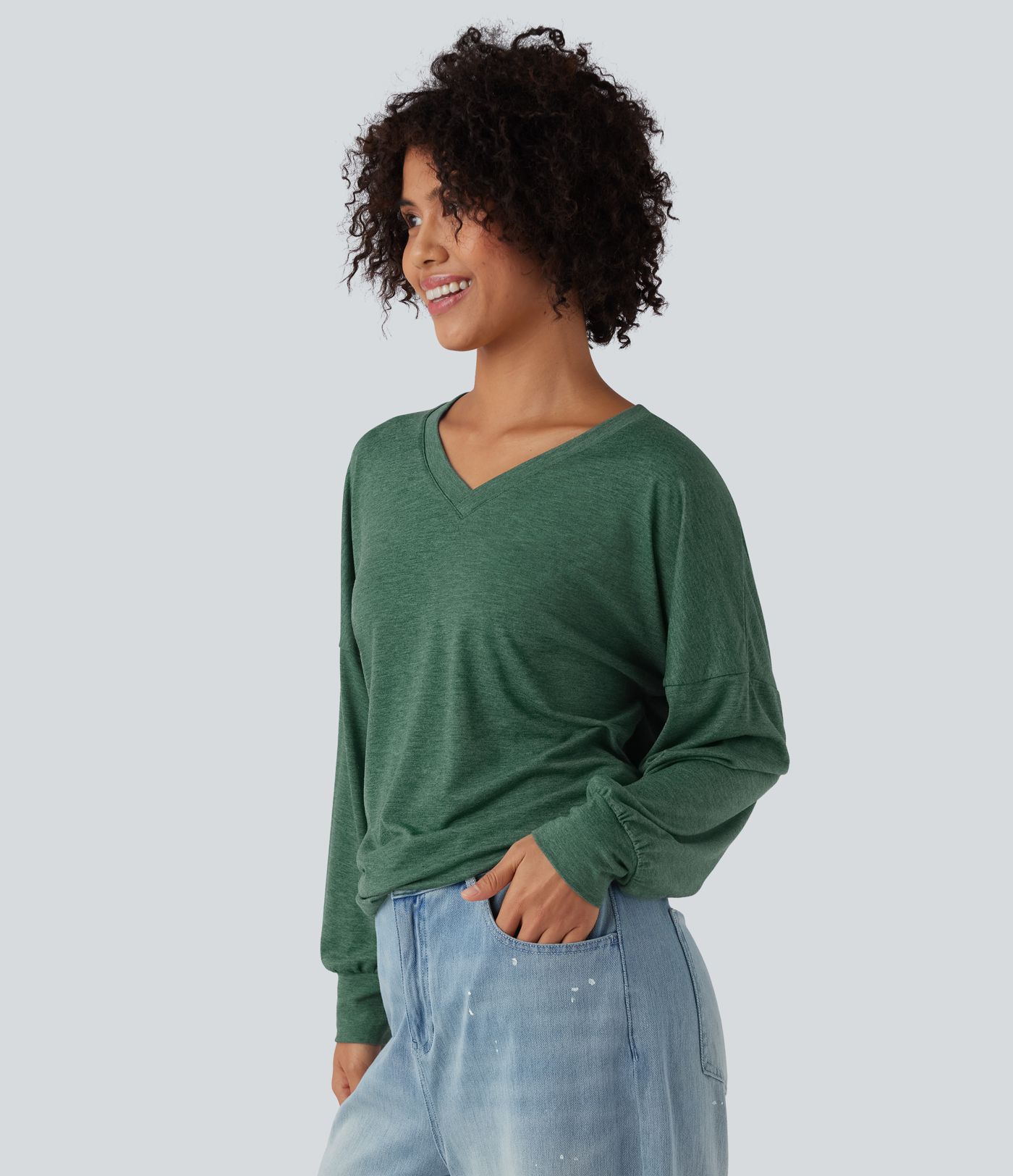 V Neck Long Sleeve Ruched Relaxed Casual T-Shirt