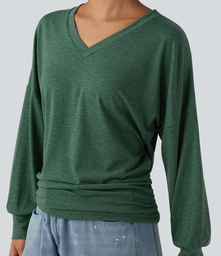 V Neck Long Sleeve Ruched Relaxed Casual T-Shirt