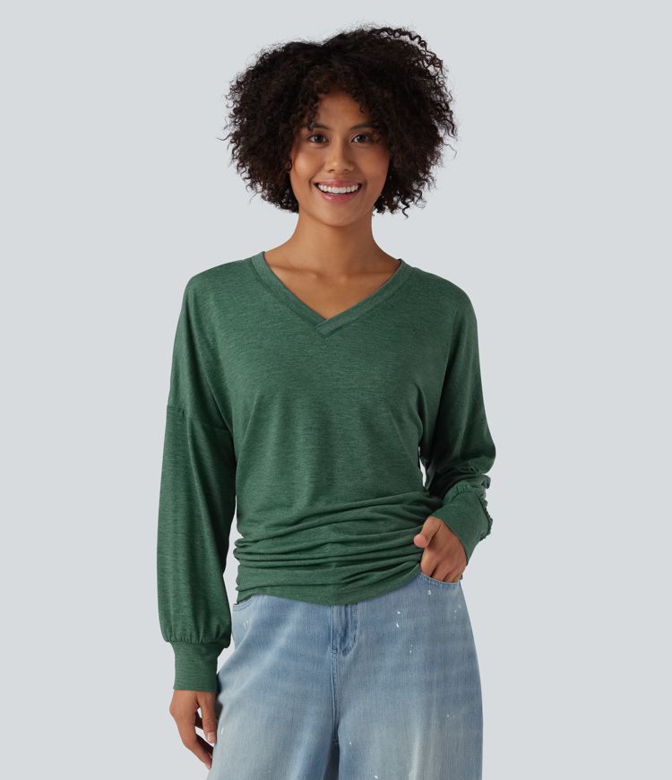 V Neck Long Sleeve Ruched Relaxed Casual T-Shirt
