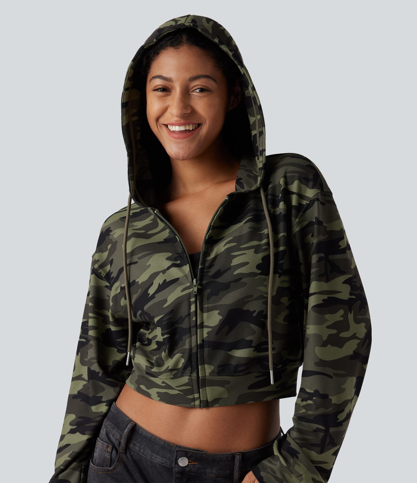 Hooded Long Sleeve Camo Waffle Cropped Casual Sweatshirt