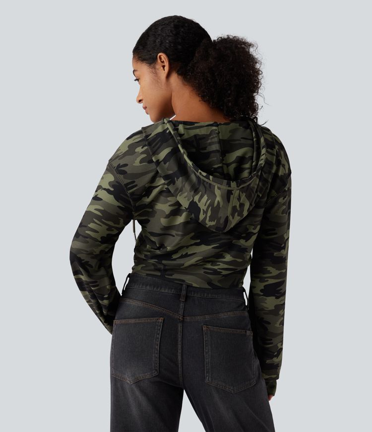 Hooded Long Sleeve Camo Waffle Cropped Casual Sweatshirt