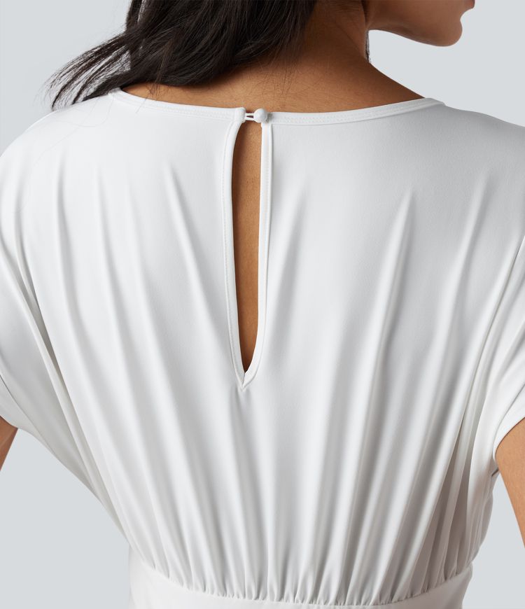 Batwing Short Sleeve 2-in-1 Flowy Mini Casual Dress with Pockets