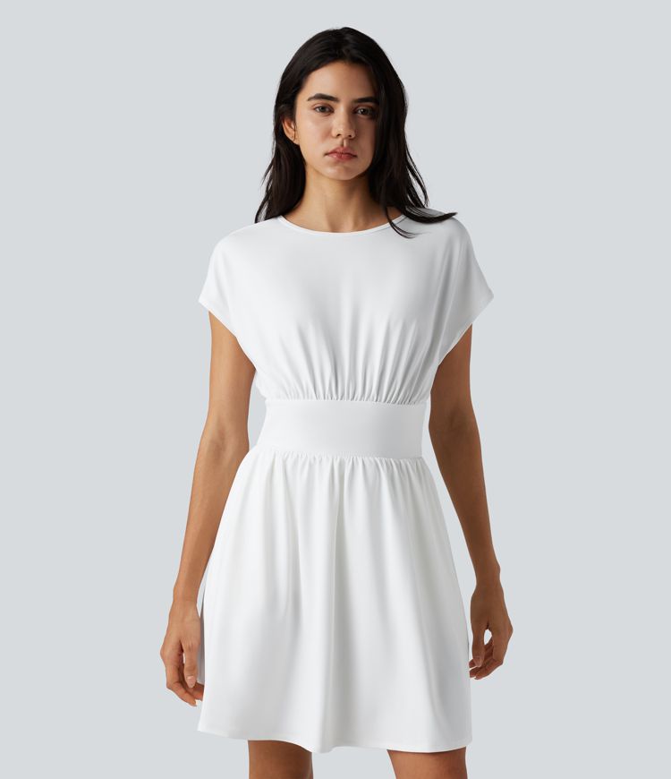 Batwing Short Sleeve 2-in-1 Flowy Mini Casual Dress with Pockets