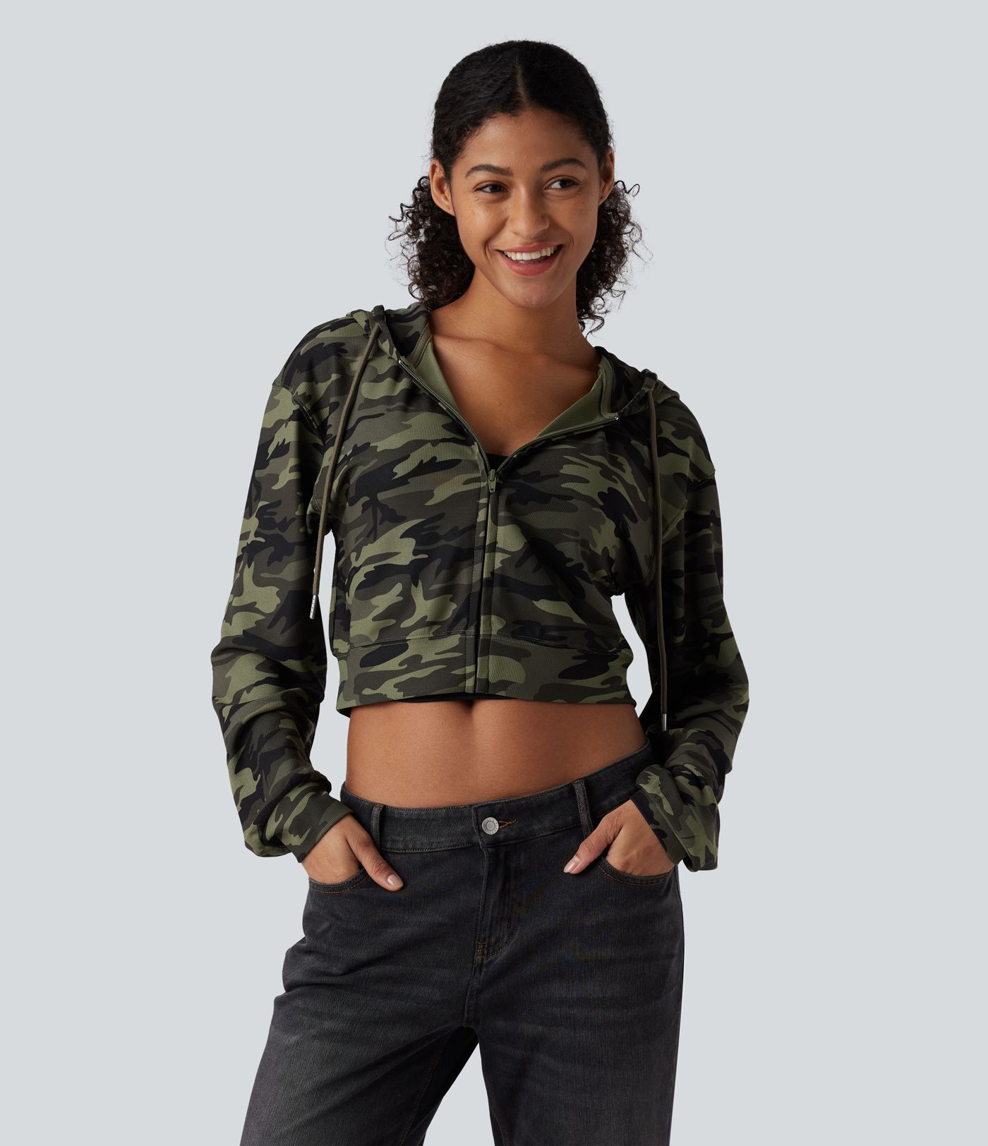 Hooded Long Sleeve Camo Waffle Cropped Casual Sweatshirt