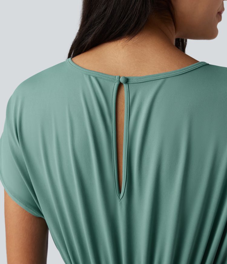 Batwing Short Sleeve 2-in-1 Flowy Mini Casual Dress with Pockets