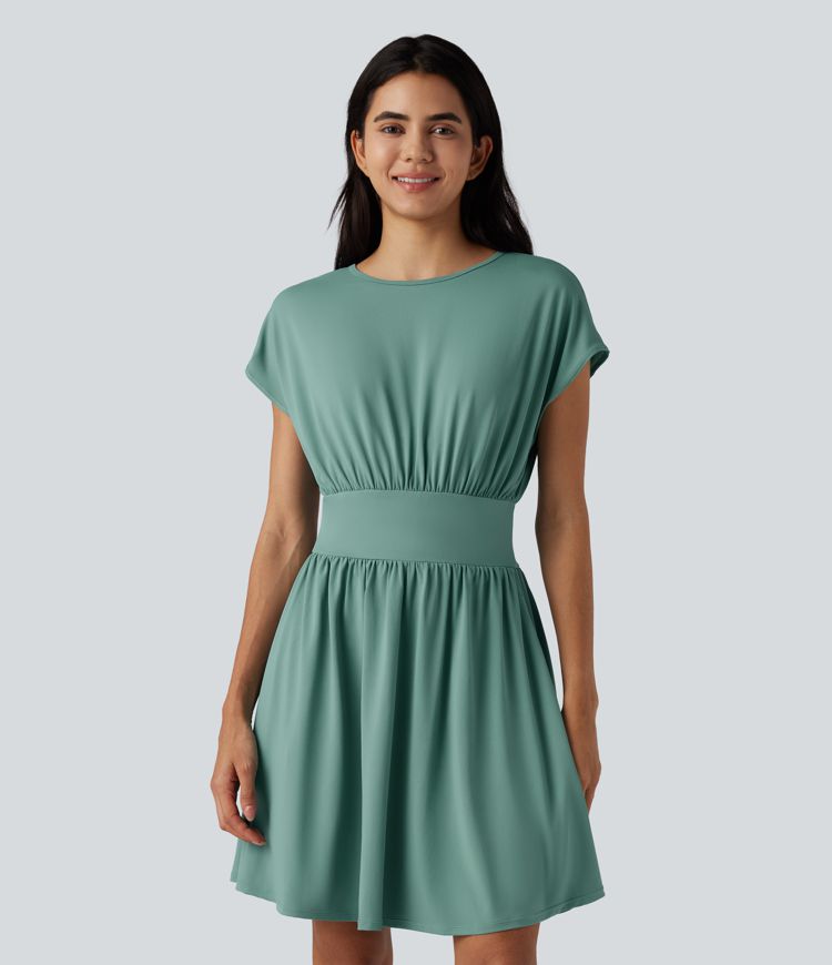 Batwing Short Sleeve 2-in-1 Flowy Mini Casual Dress with Pockets