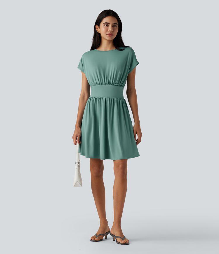 Batwing Short Sleeve 2-in-1 Flowy Mini Casual Dress with Pockets