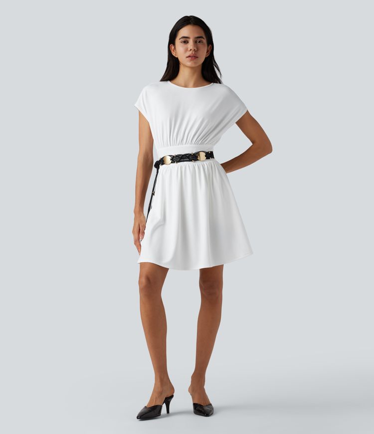 Batwing Short Sleeve 2-in-1 Flowy Mini Casual Dress with Pockets