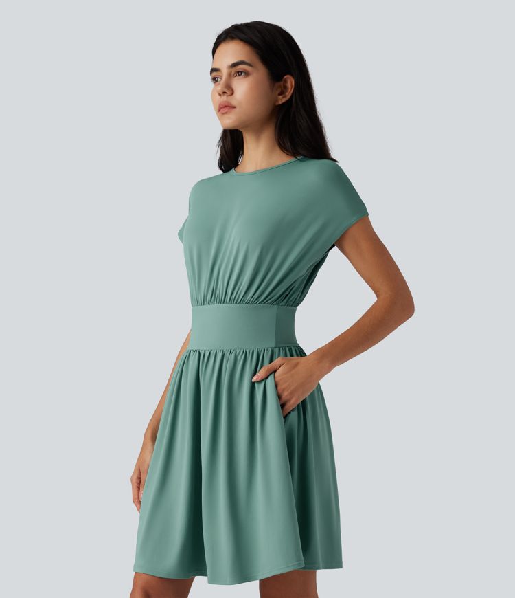 Batwing Short Sleeve 2-in-1 Flowy Mini Casual Dress with Pockets