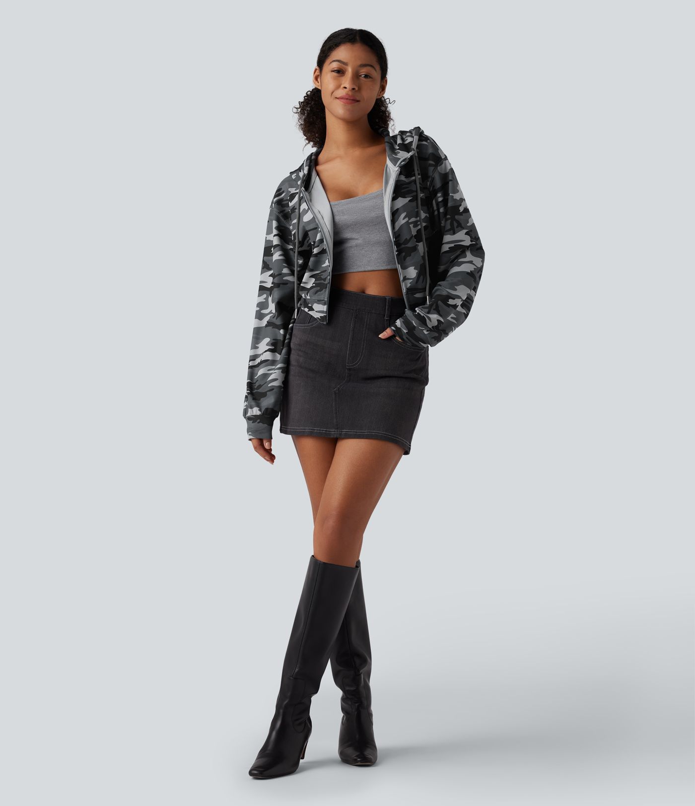 Hooded Long Sleeve Camo Waffle Cropped Casual Sweatshirt