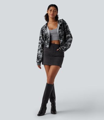 Hooded Long Sleeve Camo Waffle Cropped Casual Sweatshirt