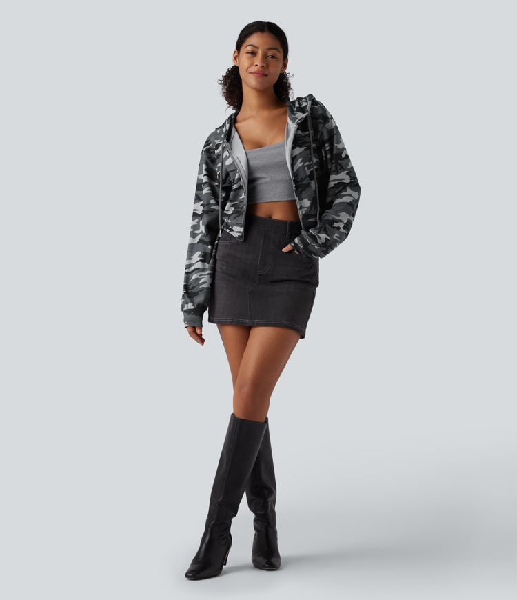 Hooded Long Sleeve Camo Waffle Cropped Casual Sweatshirt