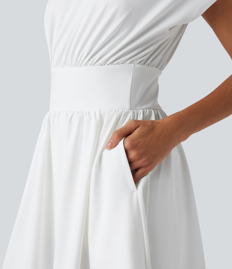 Batwing Short Sleeve 2-in-1 Flowy Mini Casual Dress with Pockets