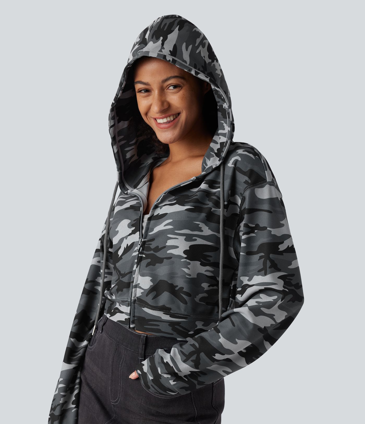 Hooded Long Sleeve Camo Waffle Cropped Casual Sweatshirt