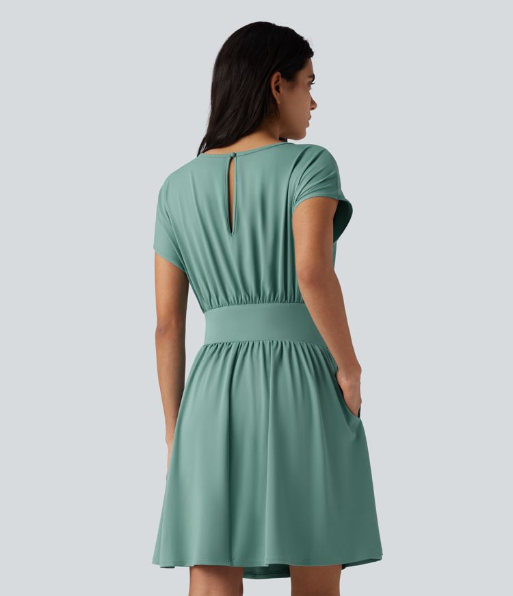 Batwing Short Sleeve 2-in-1 Flowy Mini Casual Dress with Pockets