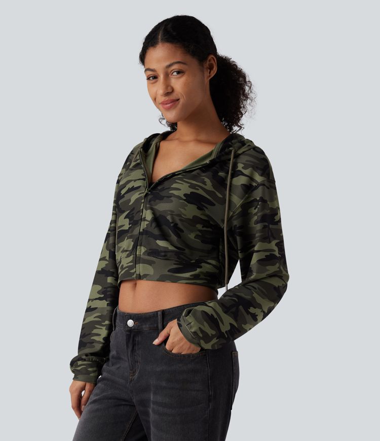 Hooded Long Sleeve Camo Waffle Cropped Casual Sweatshirt