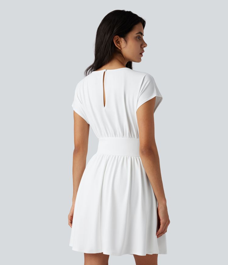 Batwing Short Sleeve 2-in-1 Flowy Mini Casual Dress with Pockets