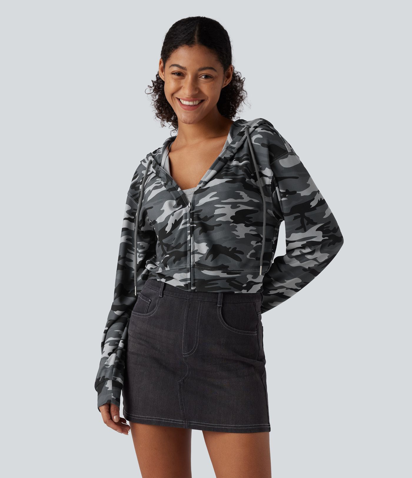 Hooded Long Sleeve Camo Waffle Cropped Casual Sweatshirt