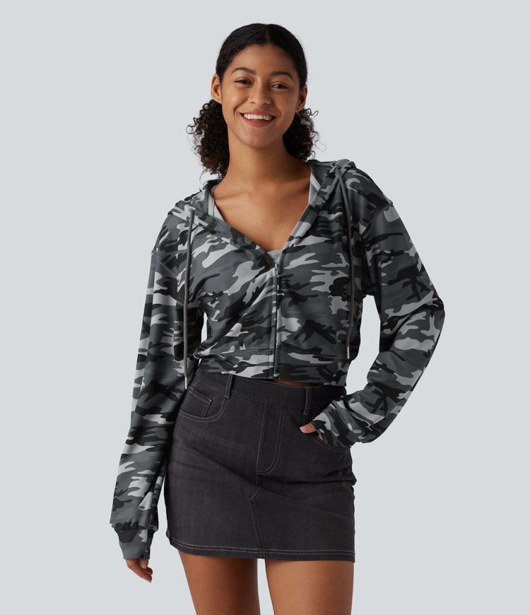 Hooded Long Sleeve Camo Waffle Cropped Casual Sweatshirt