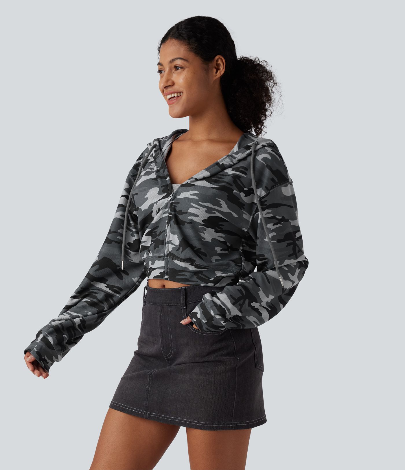 Hooded Long Sleeve Camo Waffle Cropped Casual Sweatshirt