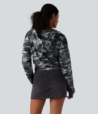 Hooded Long Sleeve Camo Waffle Cropped Casual Sweatshirt