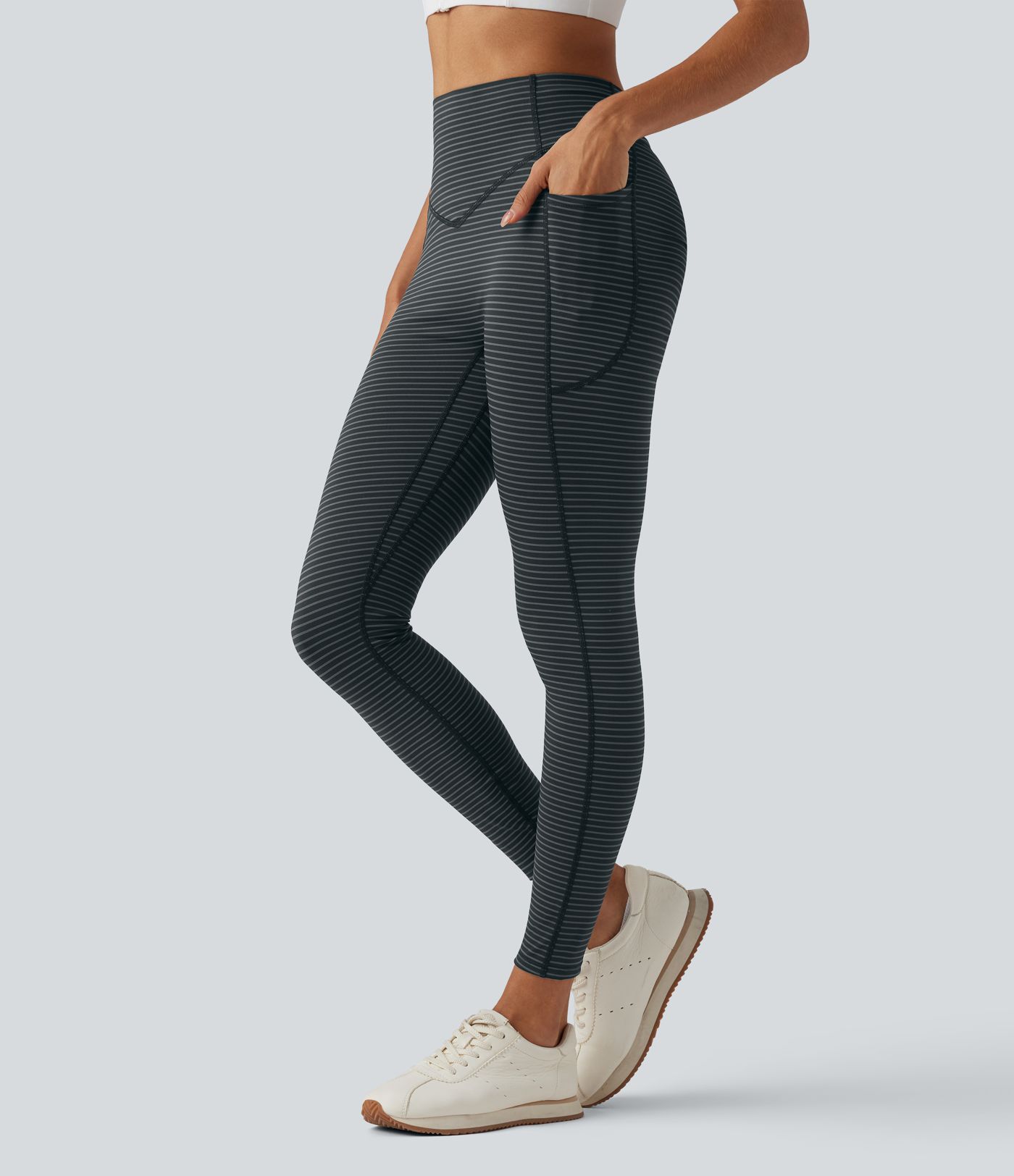 High Waisted Tummy Control Scrunch Stripes Yoga Leggings with Pockets