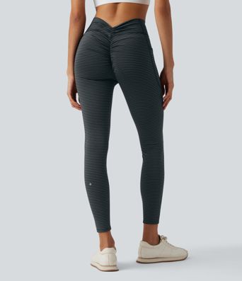 High Waisted Tummy Control Scrunch Stripes Yoga Leggings with Pockets