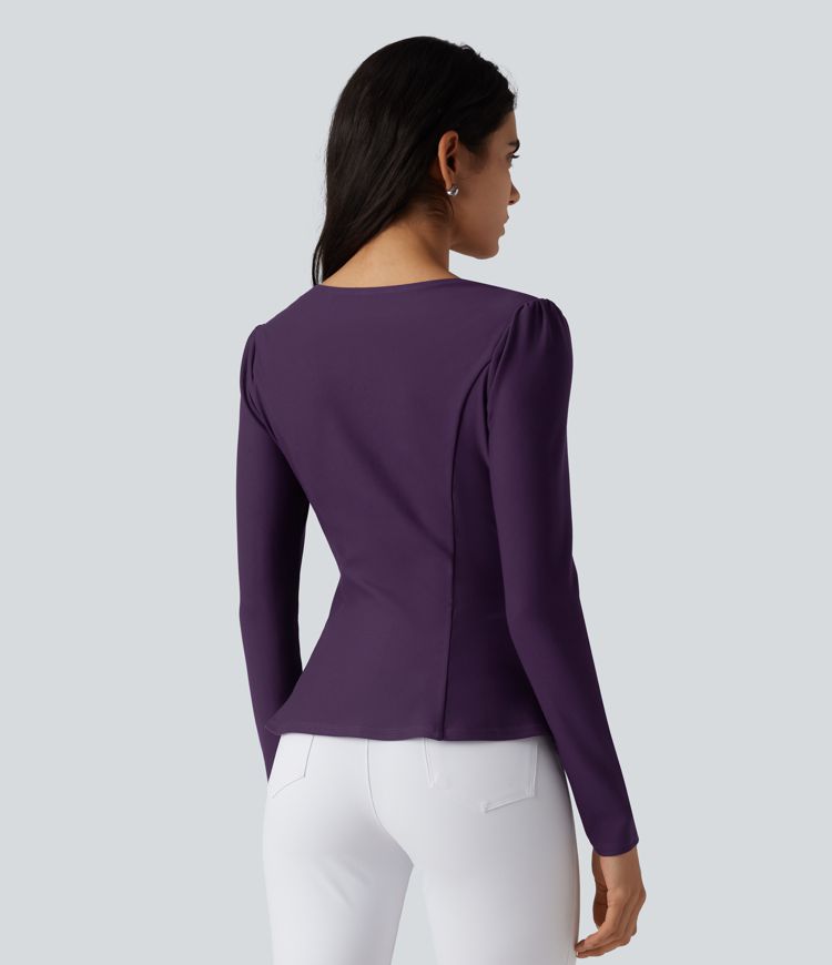 V Neck Contrast Lace Long Sleeve Ruffle Hem Work Blouse