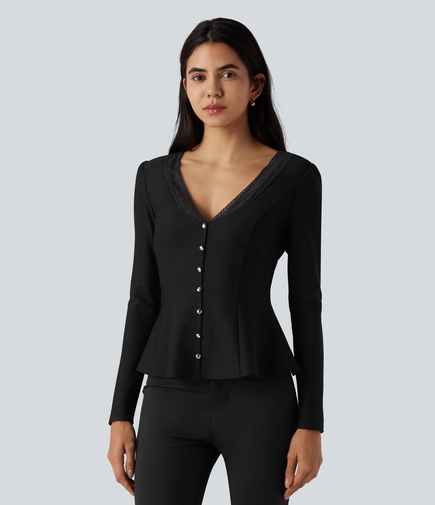 V Neck Contrast Lace Long Sleeve Ruffle Hem Work Blouse