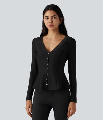 V Neck Contrast Lace Long Sleeve Ruffle Hem Work Blouse