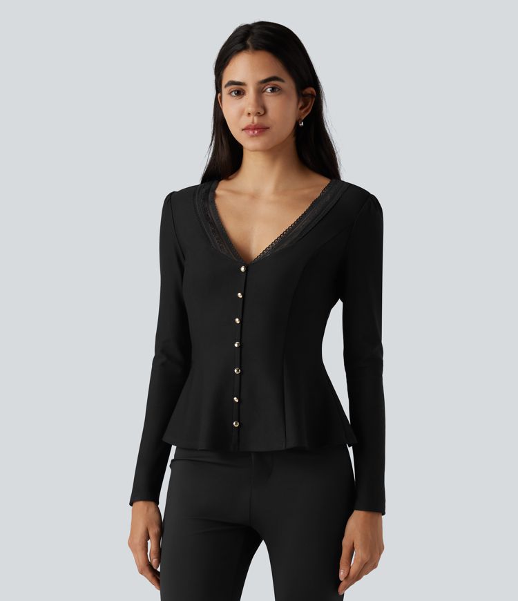 V Neck Contrast Lace Long Sleeve Ruffle Hem Work Blouse