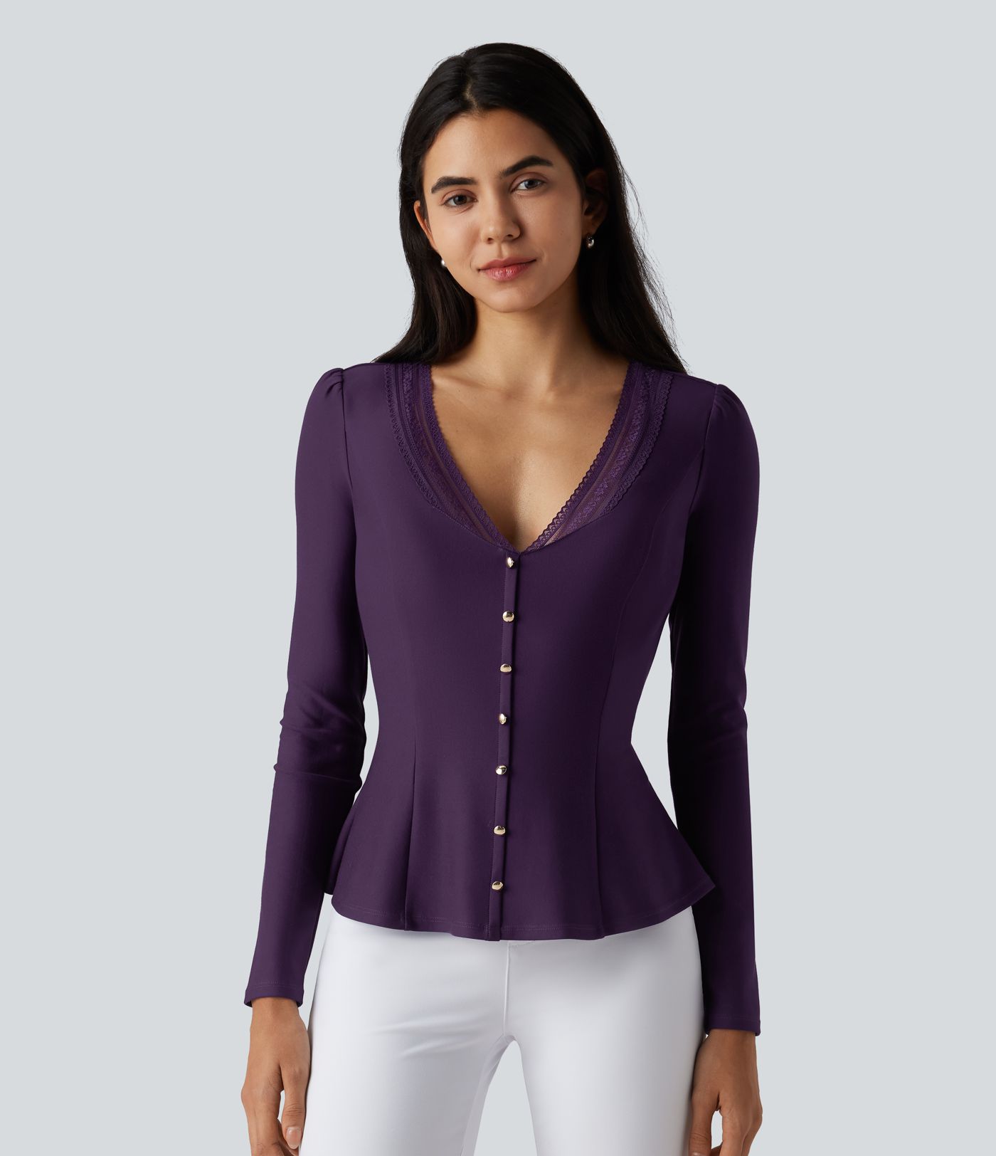 V Neck Contrast Lace Long Sleeve Ruffle Hem Work Blouse