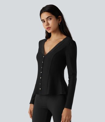 V Neck Contrast Lace Long Sleeve Ruffle Hem Work Blouse