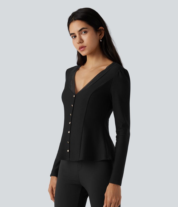 V Neck Contrast Lace Long Sleeve Ruffle Hem Work Blouse