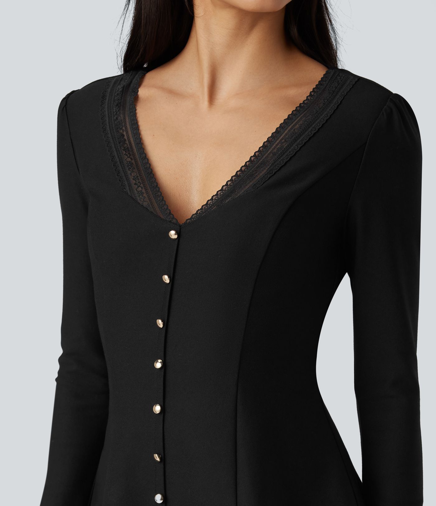 V Neck Contrast Lace Long Sleeve Ruffle Hem Work Blouse