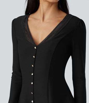 V Neck Contrast Lace Long Sleeve Ruffle Hem Work Blouse