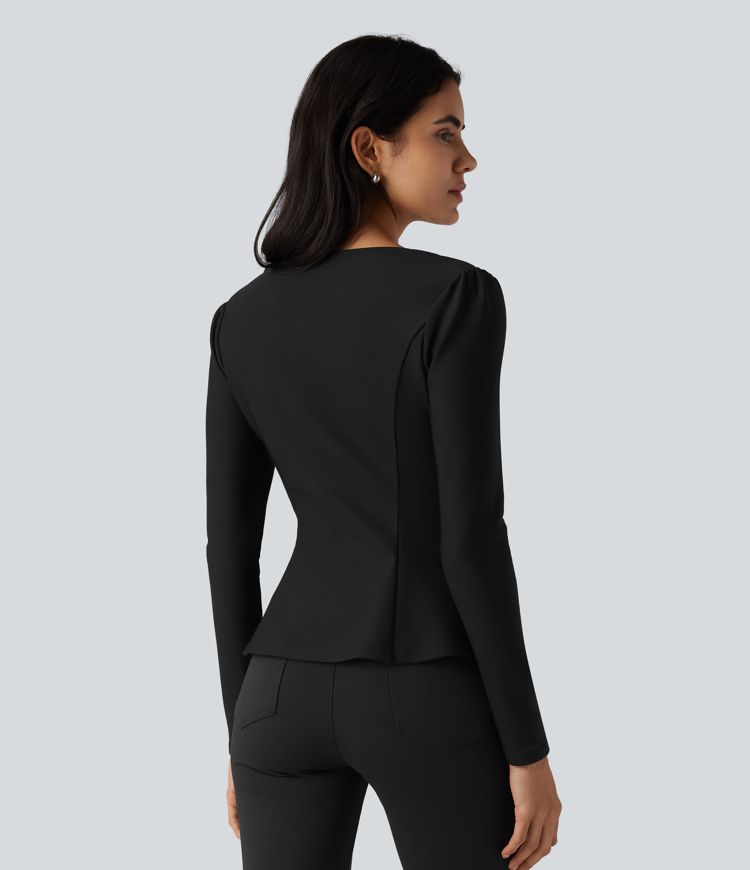 V Neck Contrast Lace Long Sleeve Ruffle Hem Work Blouse