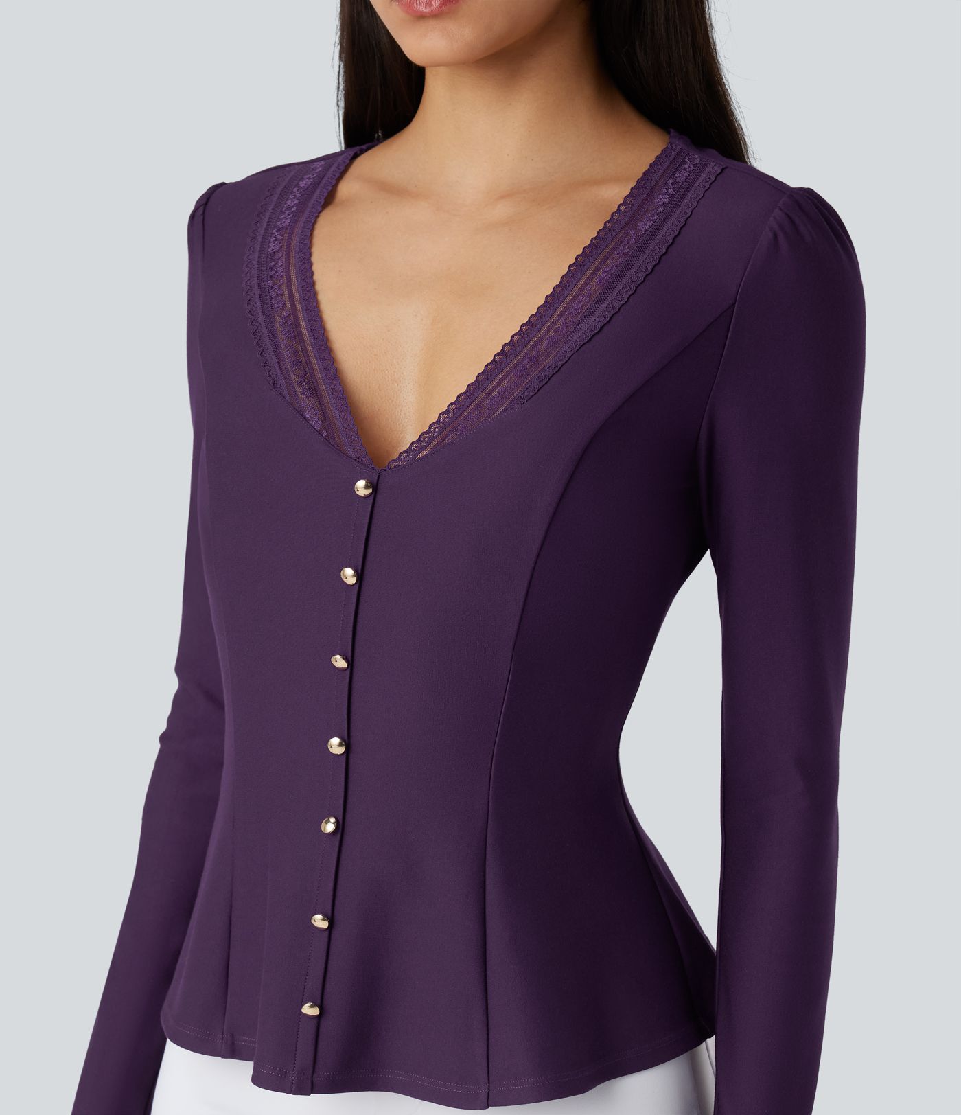 V Neck Contrast Lace Long Sleeve Ruffle Hem Work Blouse