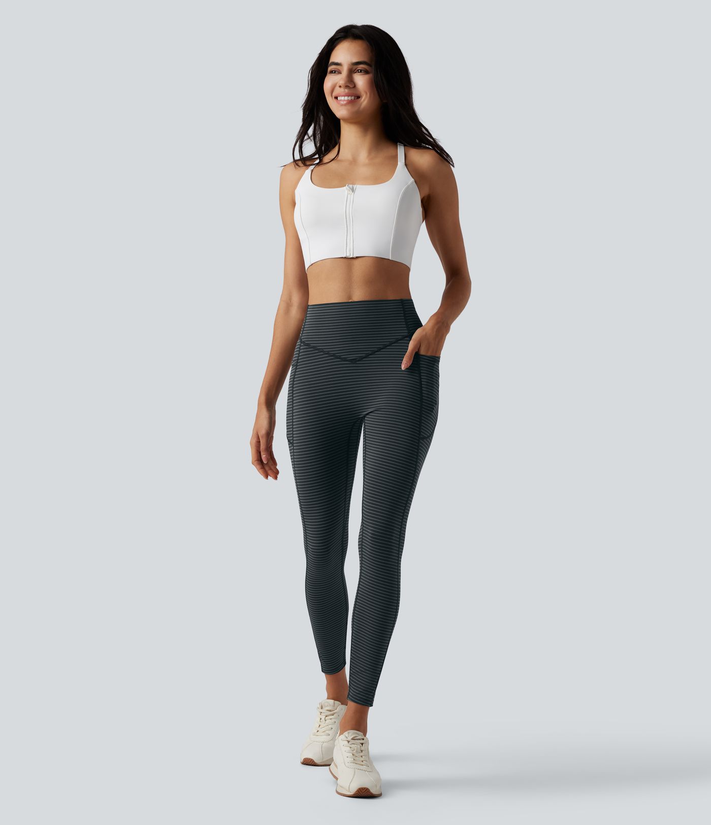 High Waisted Tummy Control Scrunch Stripes Yoga Leggings with Pockets