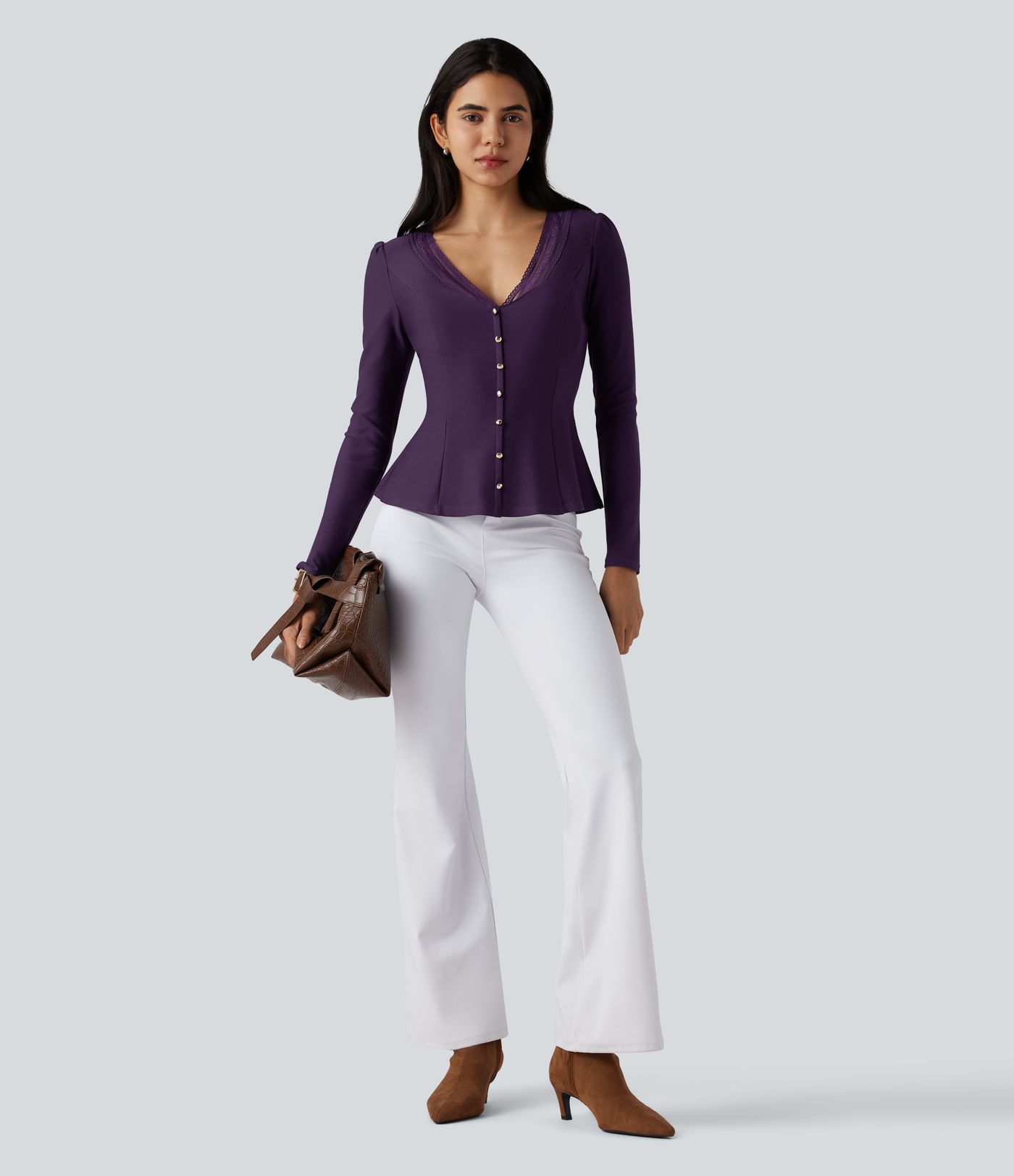 V Neck Contrast Lace Long Sleeve Ruffle Hem Work Blouse