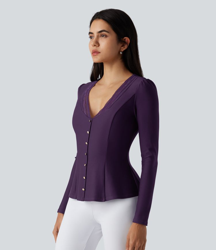 V Neck Contrast Lace Long Sleeve Ruffle Hem Work Blouse