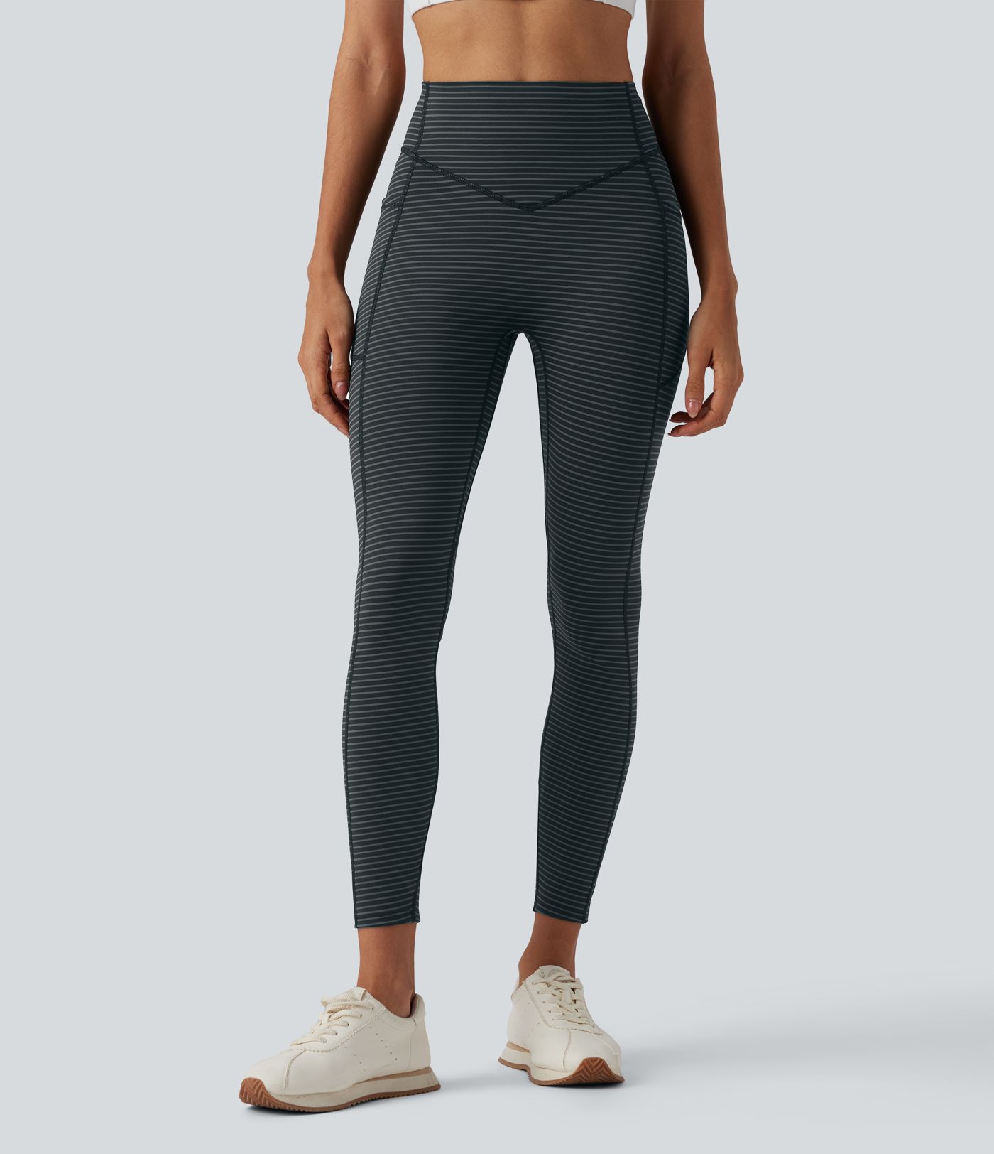 High Waisted Tummy Control Scrunch Stripes Yoga Leggings with Pockets