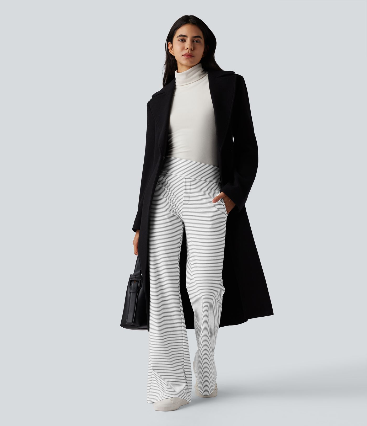 Mid Rise Stripes Work Flare Pants with Zip Pockets